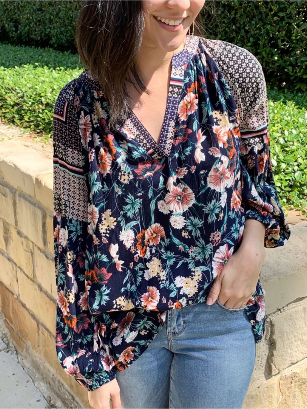 (2/$30) JODIFL Mixed Floral Patchwork Boho Blouse V-Neck